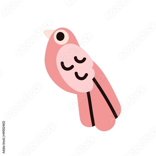 Abstract pink bird. Small tropical birdie with feathers, folded wings and bea...