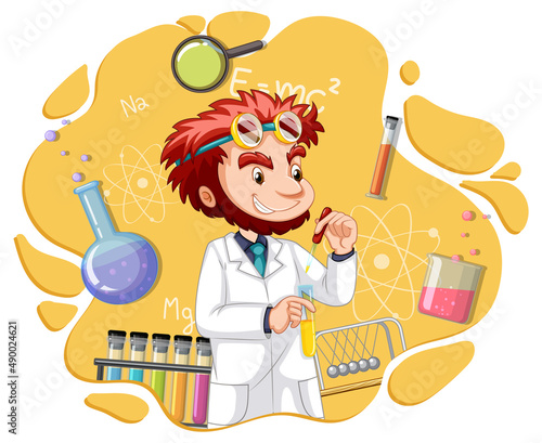 Scientist man cartoon character with laboratory equipments