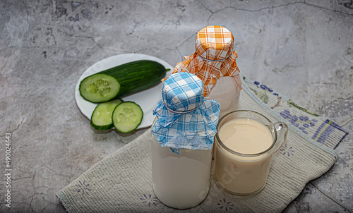 Kefir, fermented baked milk or yogurt with probiotics. photo