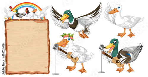Set of different poses of ducks cartoon characters