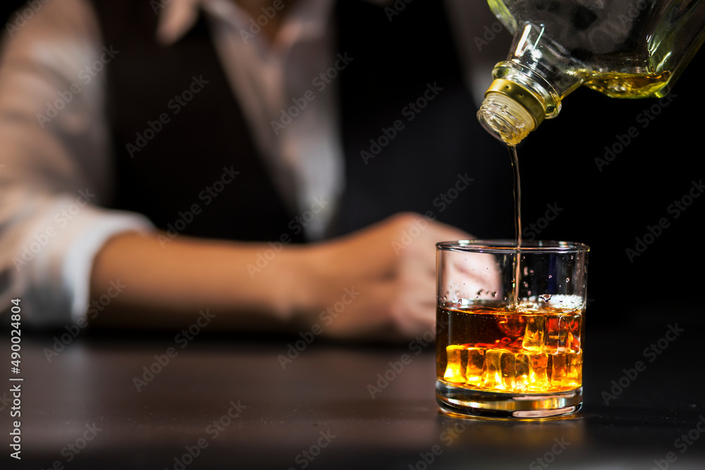 Bartender Serve Whiskey, on wood bar, Bartender Serve Whiskey, on wood bar,
