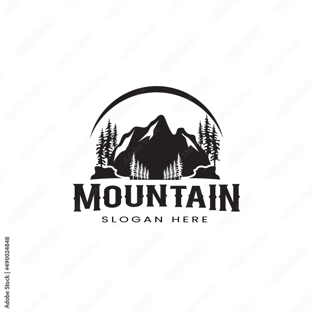 Mountain and trees adventure outdoor badge symbol logo design