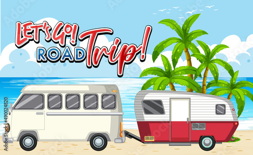 Lets go on a road trip icon with van for summer
