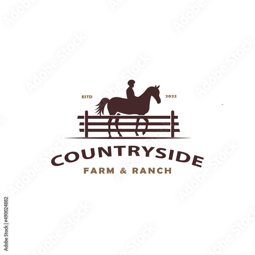 Silhouette of equestrian horse behind wooden fence for western countryside retro rural ranch logo design