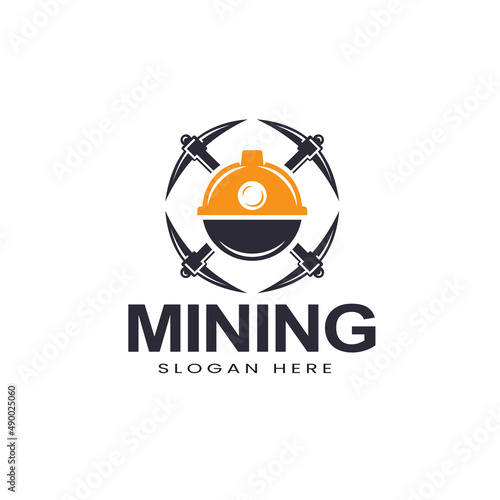 Retro mining logo with hard hat helmet and two axes Vector illustration, symbol, design icon