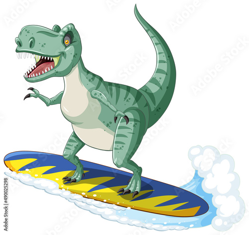 Tyrannosaurus rex dinosaur on surfboard in cartoon style