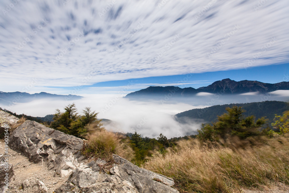 Beautiful autumn scenery in Taiwan, The fallen leaves beautiful color picture, Asia - Beautiful landscape of highest mountains blue sky in fall seaon at Taroko National Park, Taiwan