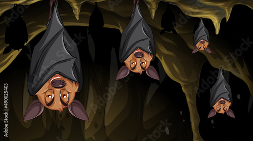 Cave scene with group of bats in cartoon style