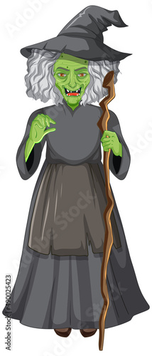 Wicked old witch character on white background