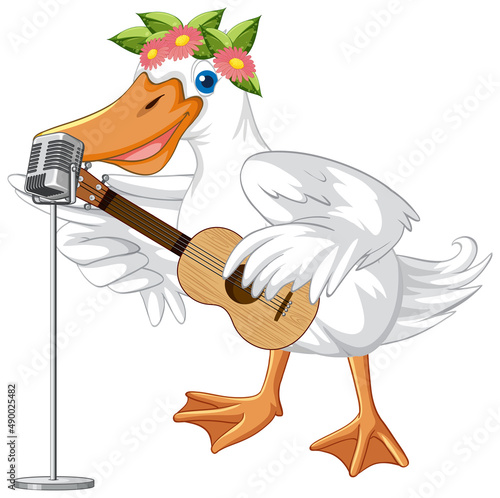 Little duck play guitar and singing on white ground
