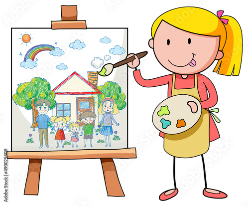 A girl painting house and family