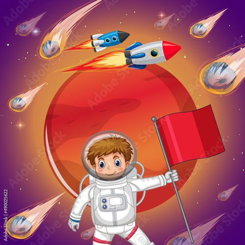 Astronaut kid in space with Mars planet and comets