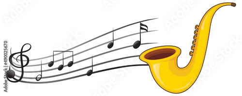 A saxophone with musical notes on white background