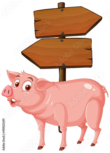 Isolated wooden signpost banner with pig