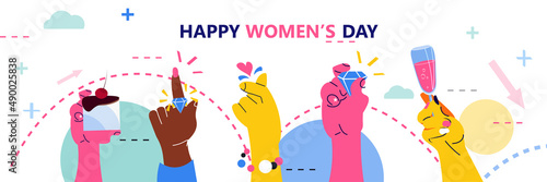 set mix race female hands international happy womens day celebration concept 8th march greeting card