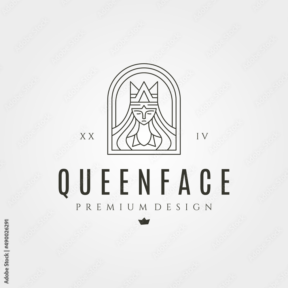queen face wearing crown logo vector symbol illustration design, line art style