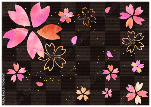 桜和柄模様_黒格子柄背景