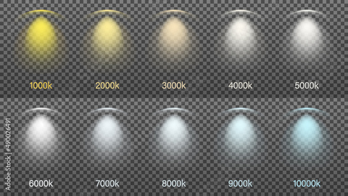 Set of light from lamps, spotlights. Color temperature from 1000 to 10000 Kelvin. Vector illustration.