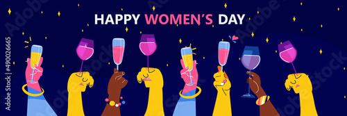mix race hands holding glasses of champagne international happy womens day celebration concept 8th march greeting card