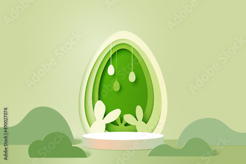 Happy Easter background.Paper art of easter eggs and rabbit with egg shape.Product display podium mockup, Banner template design.Vector illustration.