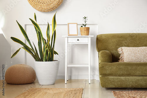 Obraz na płótnie Comfortable sofa, houseplant and pouf near white wall in room