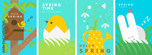 Hello Spring. Nature. Garden. Set of simple vector illustrations. Symbolic posters on the theme of peace, harmony. Backgrounds for banners, labels, covers.