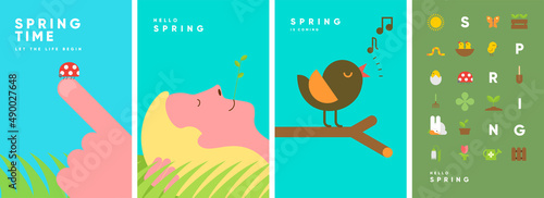 Hello Spring. Nature. Garden. Set of simple vector illustrations. Symbolic posters on the theme of peace, harmony. Backgrounds for banners, labels, covers.