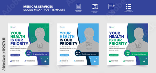 Healthcare medical social media post and web banner design template, Set of Modern social media post template. Abstract blue wave shape frame with place for the photo.