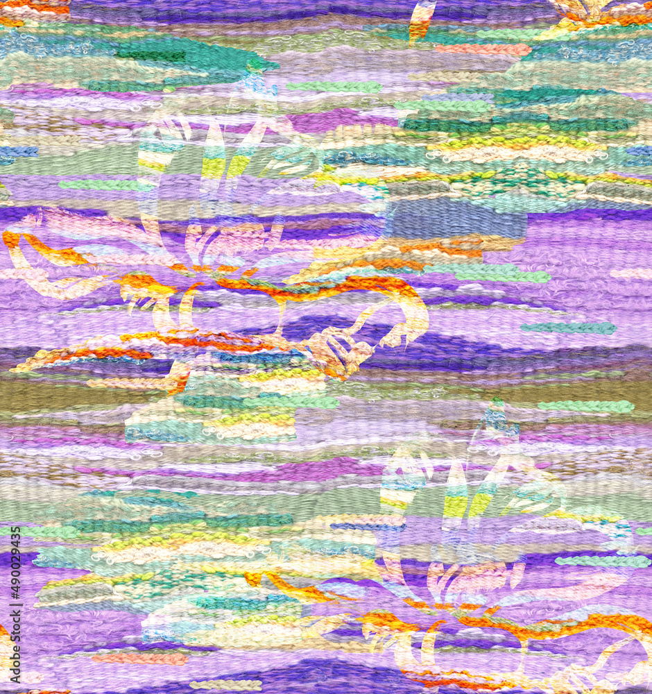 Abstract botanical seamless pattern in the form of a wicker tapestry with thread flowers in the Boho style. Needlework in lilac shades. Horizontal motif for surface design and bright summer textiles