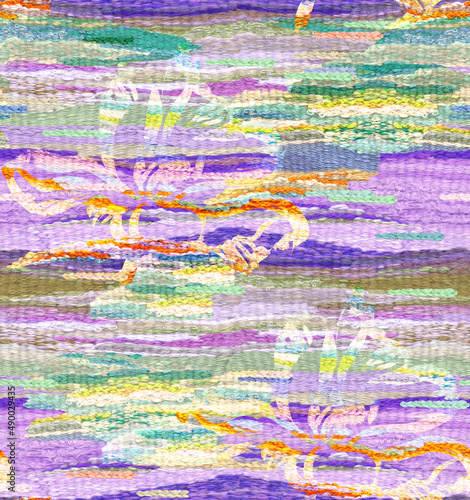 Abstract botanical seamless pattern in the form of a wicker tapestry with thread flowers in the Boho style. Needlework in lilac shades. Horizontal motif for surface design and bright summer textiles