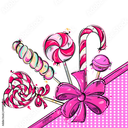 Vector abstract illustration with sweets. Festive background.