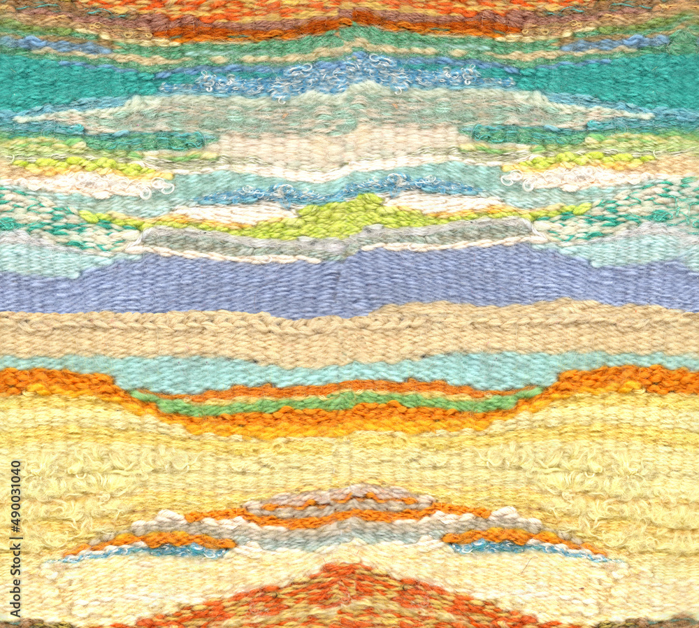 Seamless pattern in the form of tapestry woven from threads in the Boho style. Needlework resembles horizontal sand. Motif for surface and textile design Seamless pattern in the form of tapestry woven from threads in the Boho style. Needlework resembles horizontal sand. Motif for surface and textile design