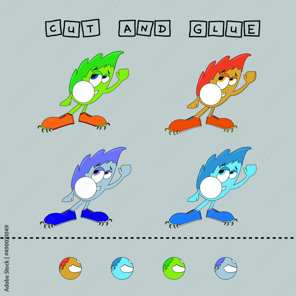 Fototapeta premium worksheet vector design, the task is to cut and glue a piece on colorful monsters. Logic game for children.