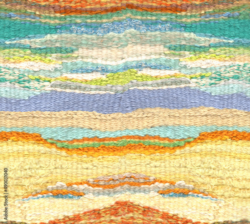 Seamless pattern in the form of tapestry woven from threads in the Boho style. Needlework resembles horizontal sand. Motif for surface and textile design