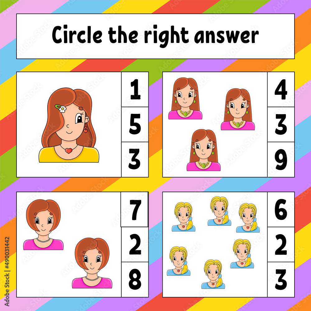 Circle the right answer. Education developing worksheet. Activity page with pictures. Game for children. Color isolated vector illustration. Funny character. cartoon style. Circle the right answer. Education developing worksheet. Activity page with pictures. Game for children. Color isolated vector illustration. Funny character. cartoon style.