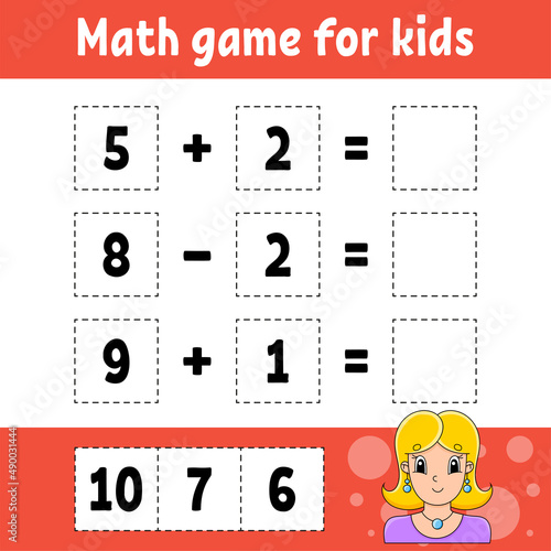 Math game for kids. Education developing worksheet. Activity page with pictures. Game for children. Color isolated vector illustration. Funny character. Cartoon style.