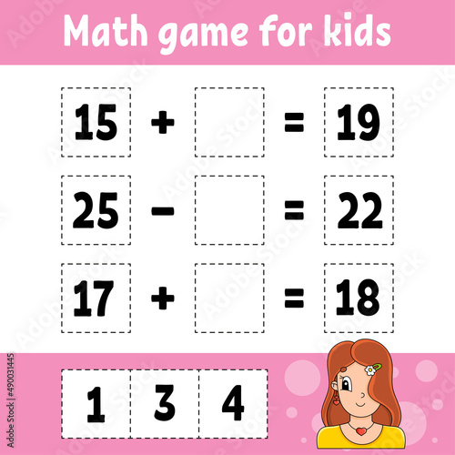 Math game for kids. Education developing worksheet. Activity page with pictures. Game for children. Color isolated vector illustration. Funny character. Cartoon style.