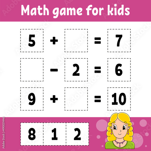 Math game for kids. Education developing worksheet. Activity page with pictures. Game for children. Color isolated vector illustration. Funny character. Cartoon style.