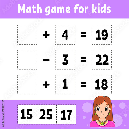 Math game for kids. Education developing worksheet. Activity page with pictures. Game for children. Color isolated vector illustration. Funny character. Cartoon style.