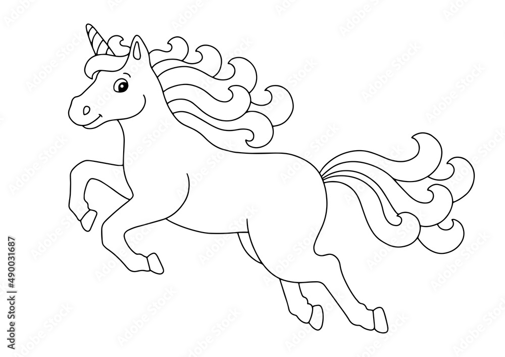 Beautiful jumping unicorn. Coloring book page for kids. Cartoon style character. Vector illustration isolated on white background.