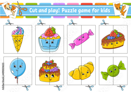 Cut and play. Flash cards. Color puzzle. Education developing worksheet. Birthday theme. Activity page. Game for children. Funny character. Isolated vector illustration. cartoon style.