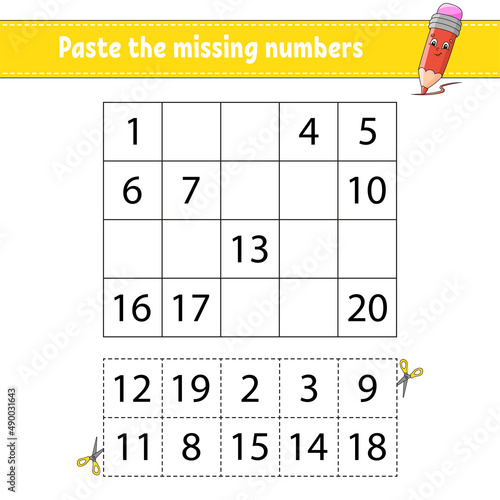Paste the missing numbers 1-20. Game for children. Handwriting practice. Learning numbers for kids. Education developing worksheet. Activity page. Isolated vector illustration in cute cartoon style.