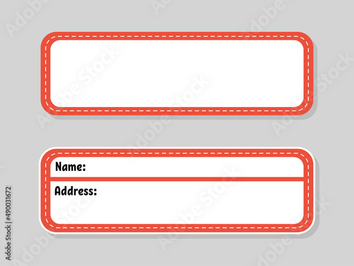 Name and address tag. For kids supplies and child clothes. Bright stickers. Rectangular label. Color vector isolated illustration.