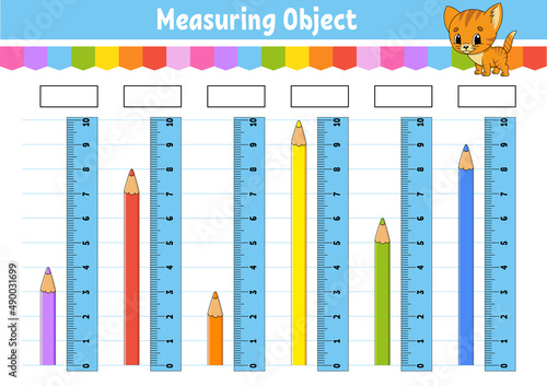 Measuring length in centimeter with ruler. Education developing worksheet. Game for kids. Color activity page. Puzzle for children. Cute character. Vector illustration. cartoon style.
