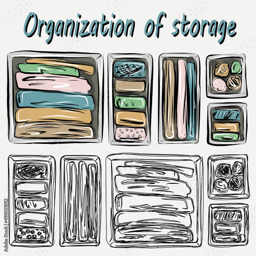Organization of space, basic wardrobe. Before and after. Organizers for storing things. Clutter, order. Minimalism. Comfort, furniture. Isolated vector objects.	