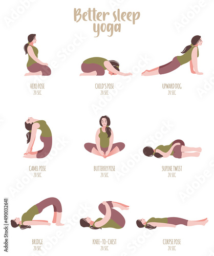 Better sleep yoga. Poses for good rest. Fitness exercises girl.