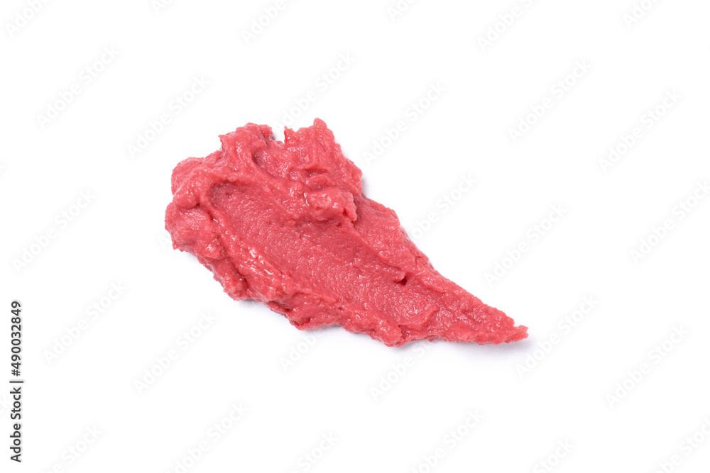 Fototapeta premium Beet hummus isolated on white background, close up
