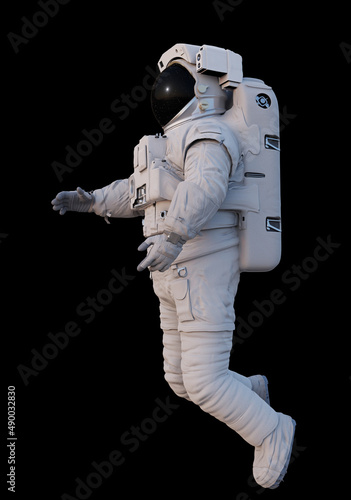 astronaut flying in outer space, isolated on black background