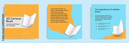 3D cartoon style. Social media informative education and study tips post banner template layout design. Flying and levitate opened book