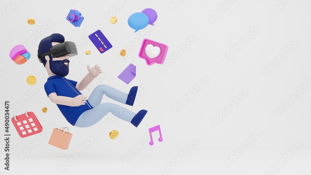 3D Illustration Man Floating in Metaverse wearing VR AR Virtual Reality Interactive Media Social Character Comic Modern Casual Business Cryptocurrency Bitcoin Sandbox Technology Startup Concept